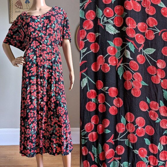 Vintage 90s JG Hook Midi Dress Cherry Print Cottagecore Size Petite XL - Picture 1 of 10